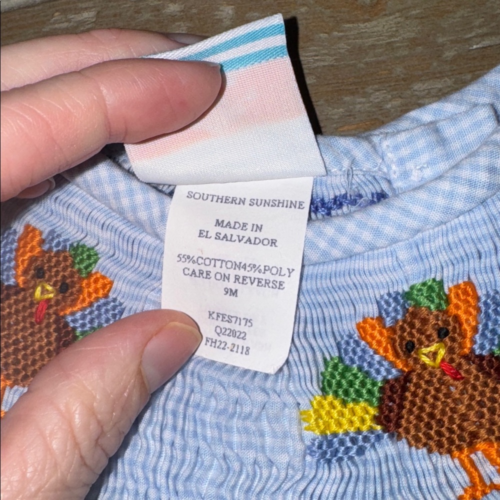 Southern Sunshine Girl Blue Gingham Gobble Gobble Smocked Long Bubble - 9M - Picture 7 of 11
